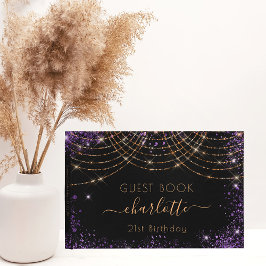 Birthday zwarte paarse goudglitter stofnaam gastenboek