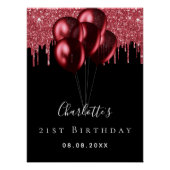Birthday zwarte rode glitter druppelt ballonnaam perfect poster (Voorkant)
