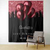 Birthday zwarte rode glitter druppelt ballonnaam wandkleed (In situ)