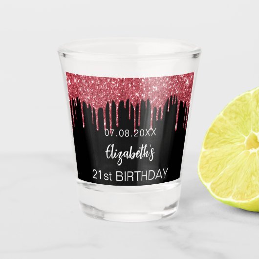 Birthday zwarte rode glitter druppelt naam shot glas (Voorkant)
