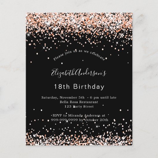 Birthday zwarte roos goud glitter budget uitnodigi flyer (Voorkant)