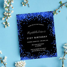 Birthday zwarte royal blue budget uitnodiging