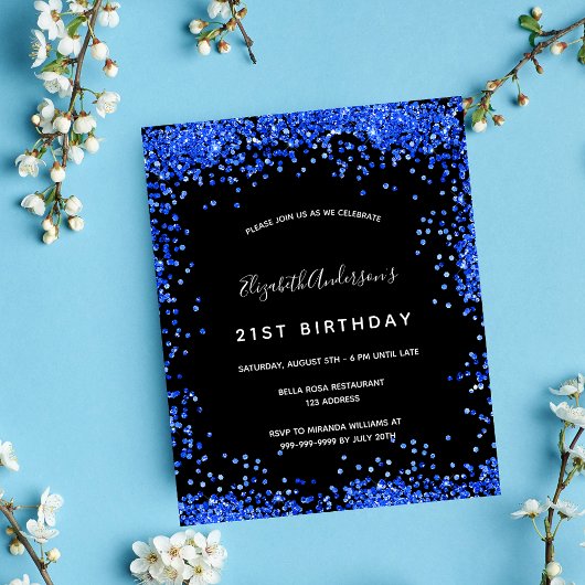 Birthday zwarte royal blue budget uitnodiging flyer