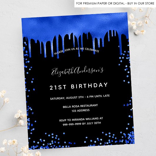 Birthday zwarte royal blue budget uitnodiging flyer