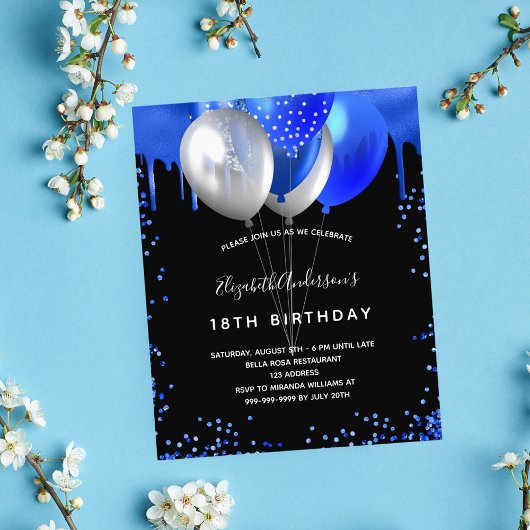 Birthday zwarte royal blue budget uitnodiging flyer