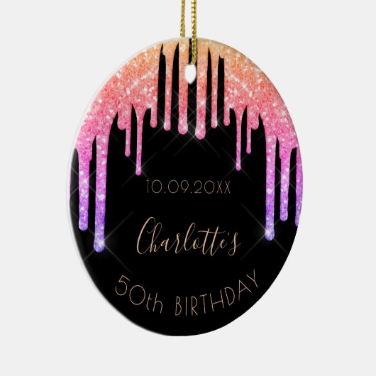 Birthday zwarte roze glitter monogram keramisch ornament (Rechts)