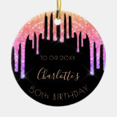 Birthday zwarte roze glitter monogram keramisch ornament (Voorkant)