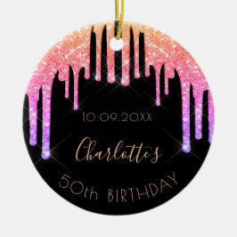Birthday zwarte roze glitter monogram keramisch ornament