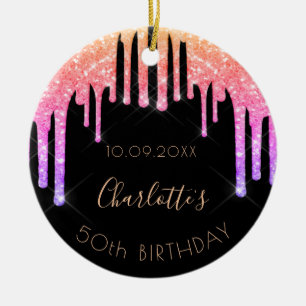 Birthday zwarte roze glitter monogram keramisch ornament