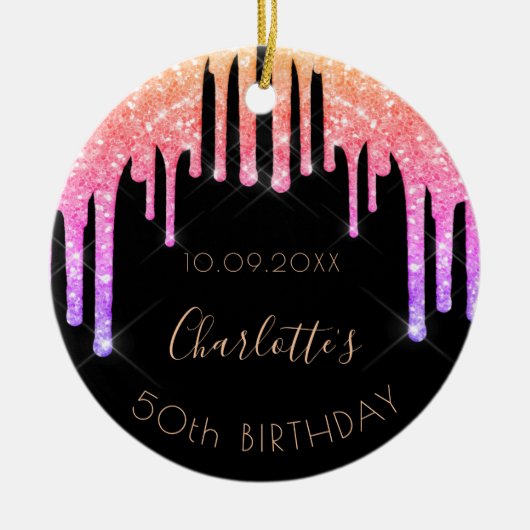 Birthday zwarte roze glitter monogram keramisch ornament (Voorkant)