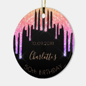 Birthday zwarte roze glitter monogram keramisch ornament (Links)