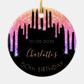 Birthday zwarte roze glitter monogram keramisch ornament (Achterkant)