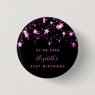Birthday zwarte roze sterren ronde button 3,2 cm