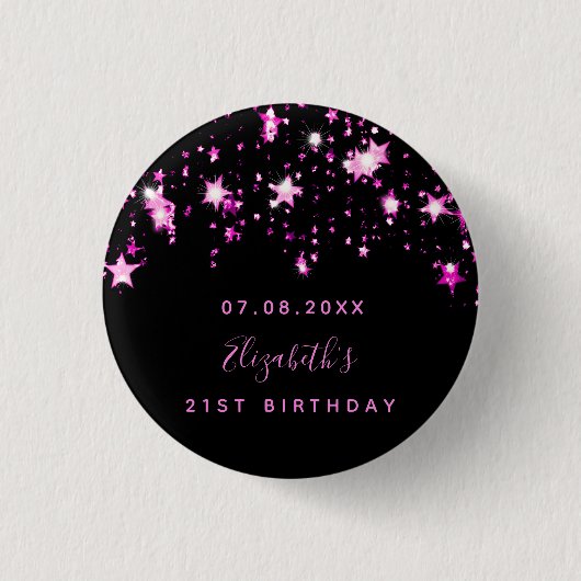 Birthday zwarte roze sterren ronde button 3,2 cm (Voorkant)
