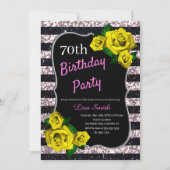 Birthday zwarte roze strepen Glitter gele rozen Kaart (Voorkant)