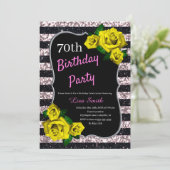 Birthday zwarte roze strepen Glitter gele rozen Kaart (Staand voorkant)