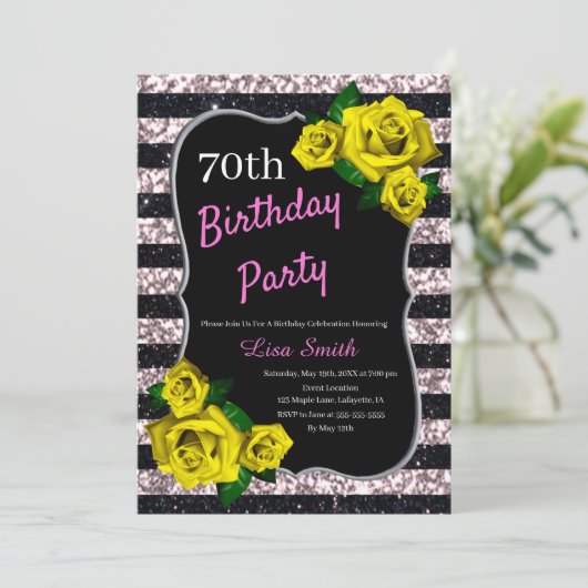 Birthday zwarte roze strepen Glitter gele rozen Kaart (Staand voorkant)