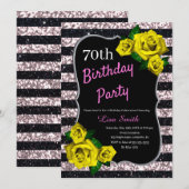 Birthday zwarte roze strepen Glitter gele rozen Kaart (Voorkant / Achterkant)