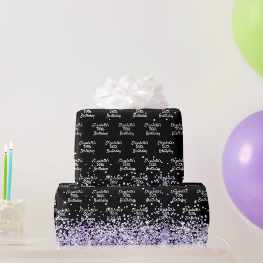 Birthday zwarte violet lavender glitter sel cadeaupapier (Feestgeschenken)