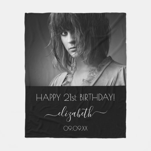 Birthday zwarte witte moderne scriptfoto fleece deken (Voorkant)