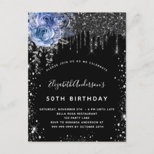 Birthday zwarte zilveren glitter blauwe flora uitnodiging briefkaart