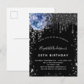 Birthday zwarte zilveren glitter blauwe flora uitnodiging briefkaart (Voorkant / Achterkant)