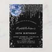 Birthday zwarte zilveren glitter blauwe flora uitnodiging briefkaart (Voorkant)