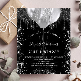 Birthday zwarte zilveren glitter-uitnodiging voor  flyer