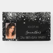 Birthday zwarte zilverfoto glitter monogram spandoek (Horizontaal)