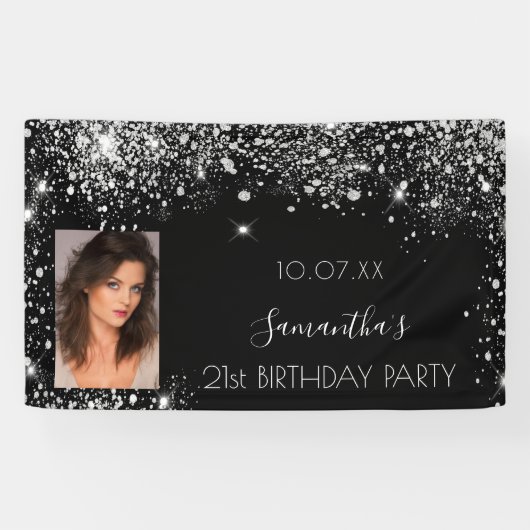 Birthday zwarte zilverfoto glitter monogram spandoek (Horizontaal)