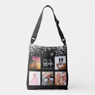 Birthday zwarte zilverglitter foto collage crossbody tas