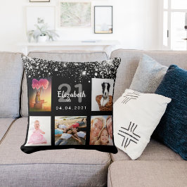 Birthday zwarte zilverglitter foto collage kussen