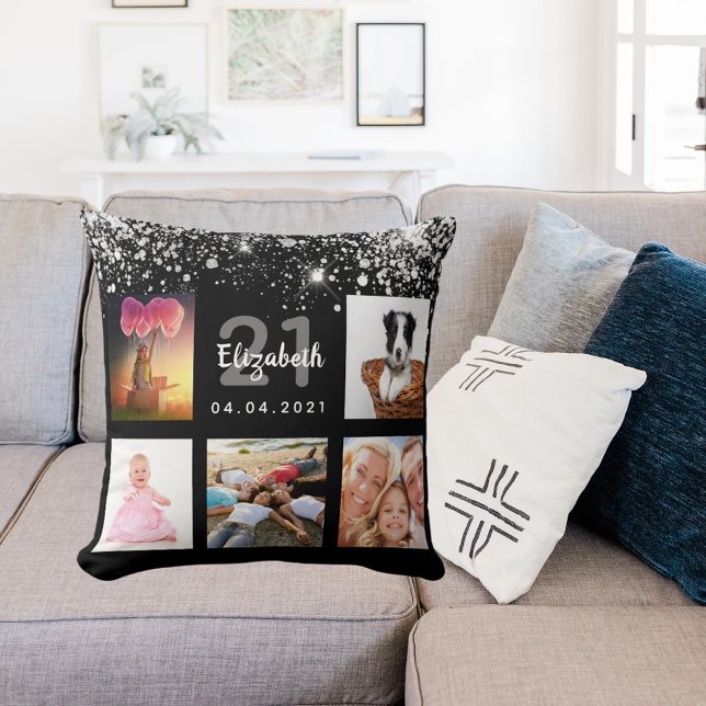 Birthday zwarte zilverglitter foto collage kussen (Creator heeft geüpload)