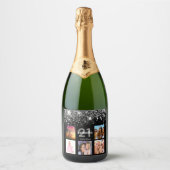 Birthday zwarte zilverglitter foto collage sparkling wijnetiket (Voorkant)