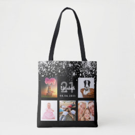 Birthday zwarte zilverglitter foto collage tote bag