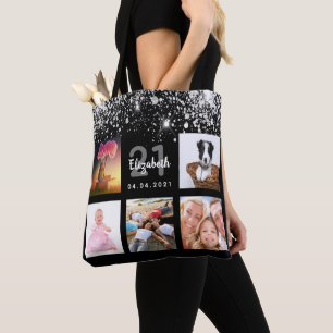 Birthday zwarte zilverglitter foto collage tote bag