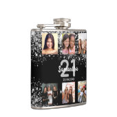 Birthday zwarte zilverglitter naam foto collage heupfles (Rechts)