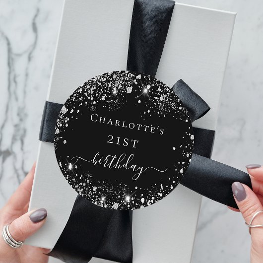 Birthday zwarte zilverglitter ronde sticker