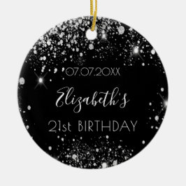 Birthday zwarte zilverglitter stofnaam elegant keramisch ornament