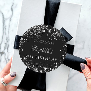 Birthday zwarte zilverglitter stofnaamdatum ronde sticker