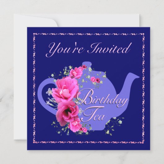 Birthdayl Tea Invitations Teapot and Pink Flowers Kaart (Voorkant)