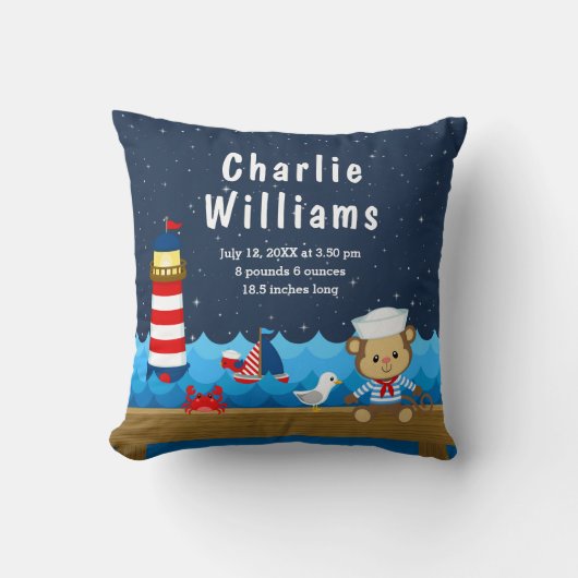 Birthestatistieken van de Nautical Boy Monkey Red  Kussen (Voorkant)