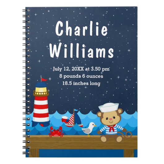Birthestatistieken van de Nautical Boy Monkey Red  Notitieboek (Voorkant)