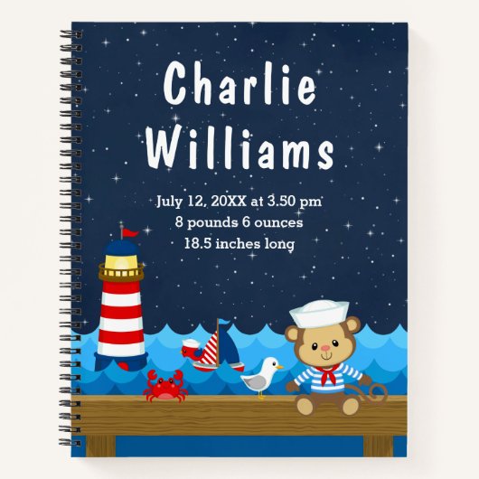 Birthestatistieken van de Nautical Boy Monkey Red  Notitieboek (Voorkant)