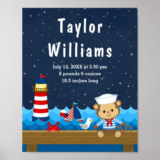 Birthestatistieken van de Nautical Boy Monkey Red Poster (Voorkant)