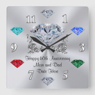 Birthstone Diamond Jubileum Clock for Parents Vierkante Klok