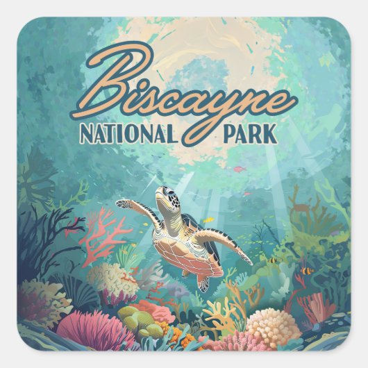 Biscayne National Park Florida Turtle Coral Retro Vierkante Sticker (Voorkant)