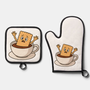 Biscuit in de problemen in een koffiekopje ovenwant & pannenlap set