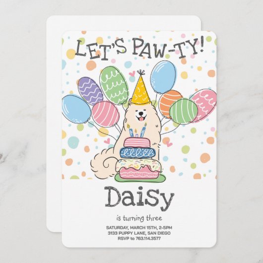 Biscuit Samoyed Hond Verjaardagsfeestuitnodiging Kaart (Voorkant / Achterkant)