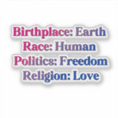 Biseksuele trots - Geboorteplaats: Aarde. Ras: Men Sticker (Voorkant)
